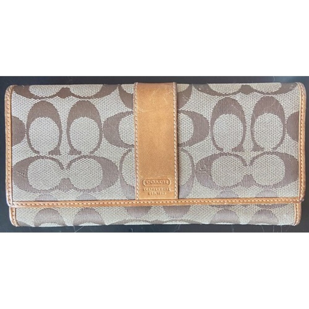 Vtg Coach Taupe Logo Canvas 8” Tri-fold ID Wallet Snap Closure Zipper